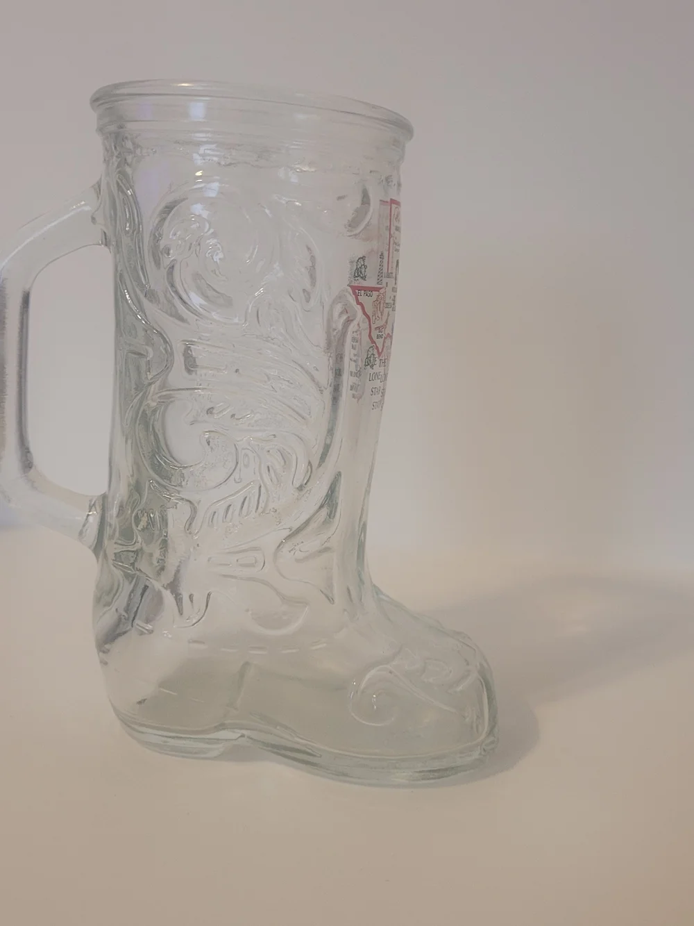 Vintage Clear Glass Texas Cowboy Boot Mug Beer Stein Map Graphic Lone Star State